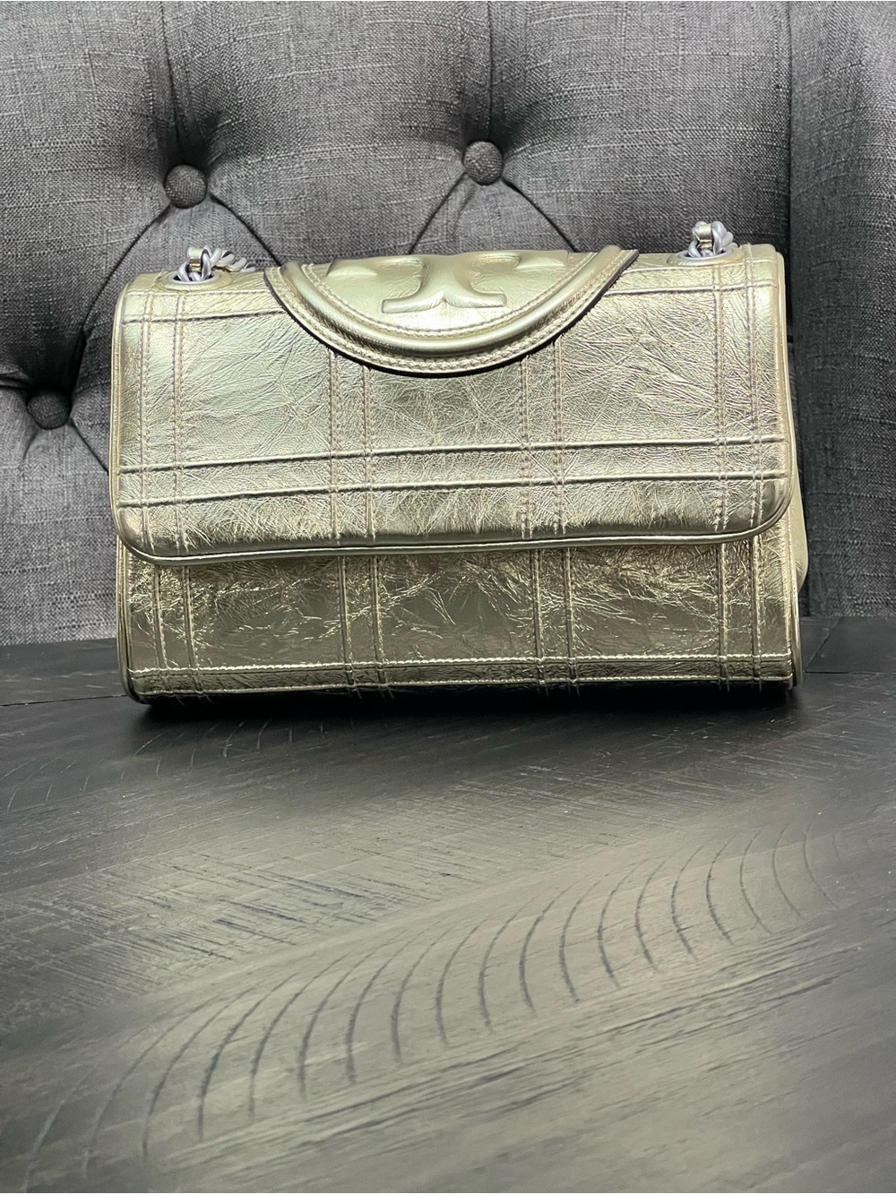 Tory Burch Fleming Metallic Gold Quilted Leather Shoulder Bag